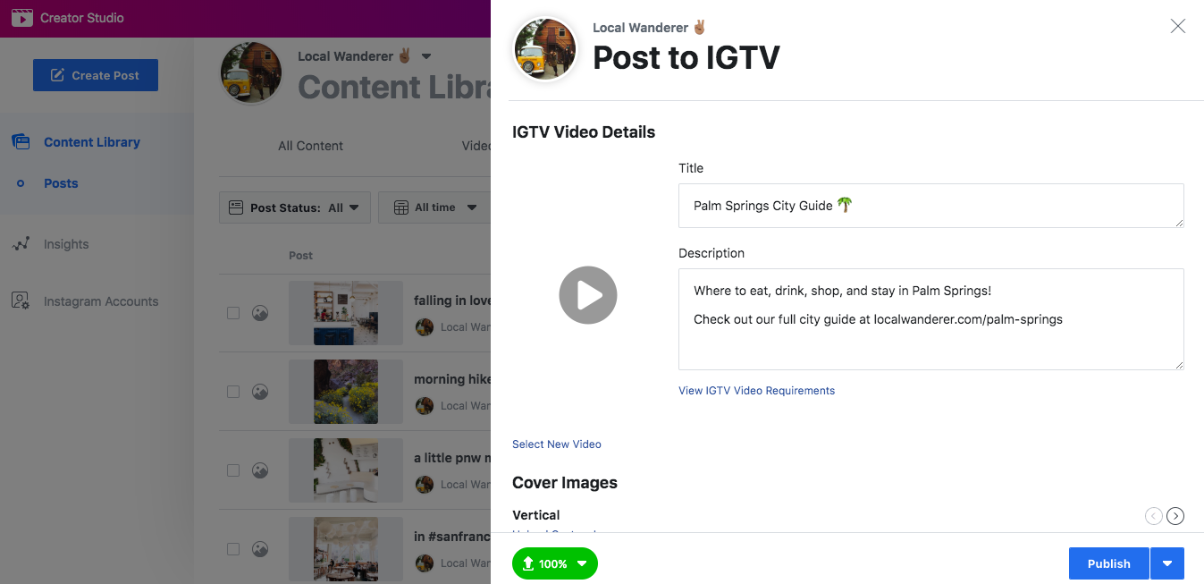 Planifier des vidéos IGTV: Publier dans IGTV Window Creator Studio