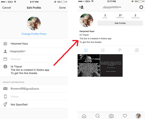 How do you add a line break in Instagram?