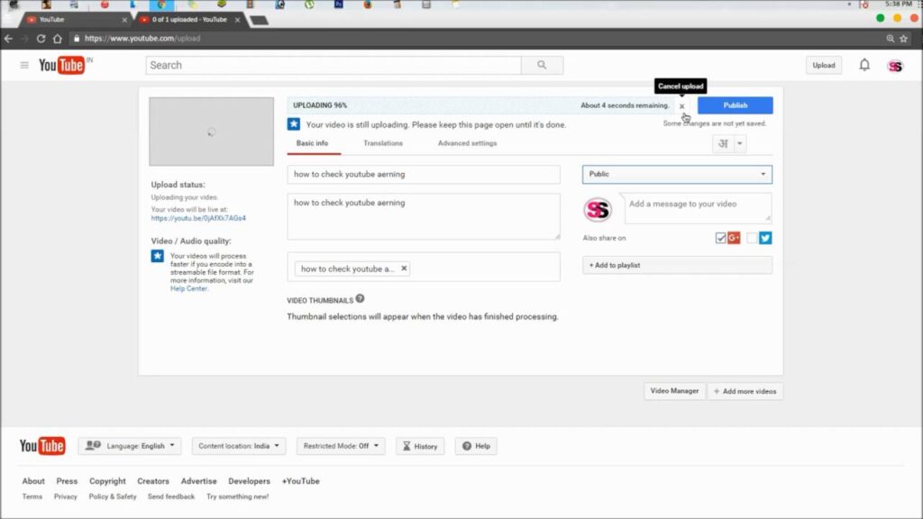 How do I upload a video to YouTube from my laptop?